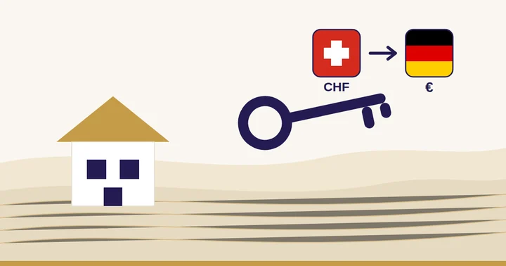 Baufinanzierung für Schweizer Grenzgänger: Illustration: Haus und Schlüssel, dazu Schweizer und deutsche Flagge mit den Währungen Franken und Euro