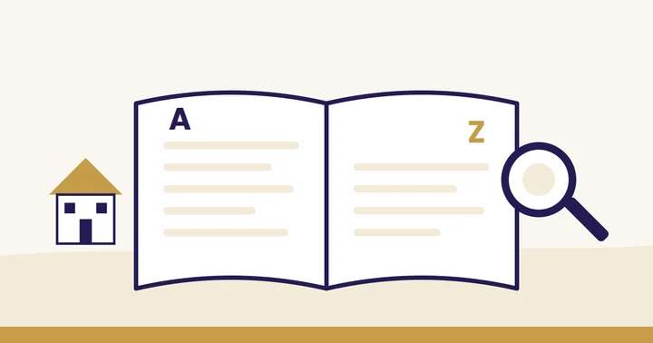 Baufinanzierung von A bis Z: Illustration: aufgeschlagenes Buch mit den Buchstaben A und Z, daneben ein Haus und eine Lupe