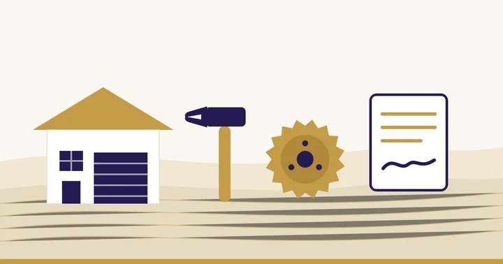 Illustration: Werkstatt mit Tor, Hammer, Kreissägeblatt und unterzeichneter Vertrag als Sinnbild für die Gewerbefinanzierung Illustration: Werkstatt mit Tor, Hammer, Kreissägeblatt und unterzeichneter Vertrag als Sinnbild für die Gewerbefinanzierung