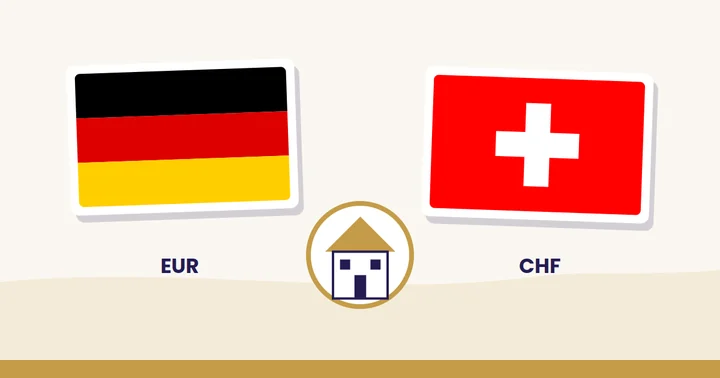 Deutsche und Schweizer Flagge mit einem Haus, Euro und Schweizer Franken