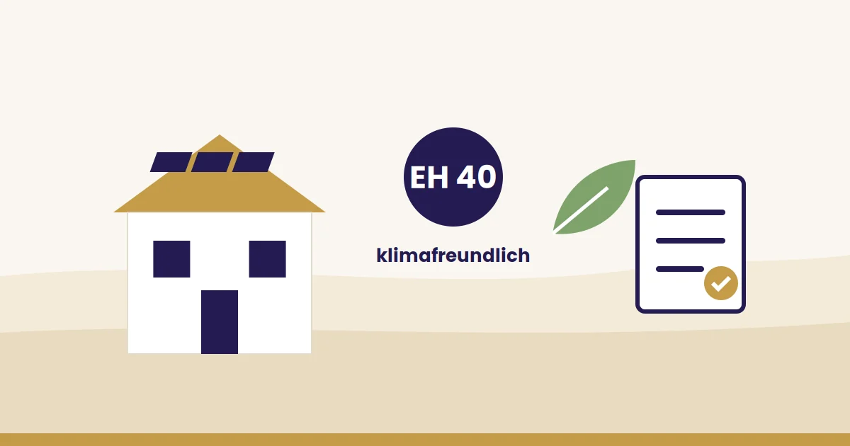 KfW 297: Illustration: Neubau mit Solaranlage, Effizienzhaus-40-Plakette und Nachweisdokument