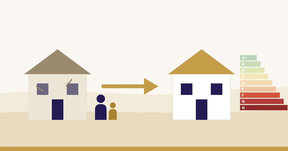 Jung kauft Alt: Illustration: sanierungsbedürftiges Haus der Energieklasse F bis H wird zum sanierten Eigenheim einer Familie
