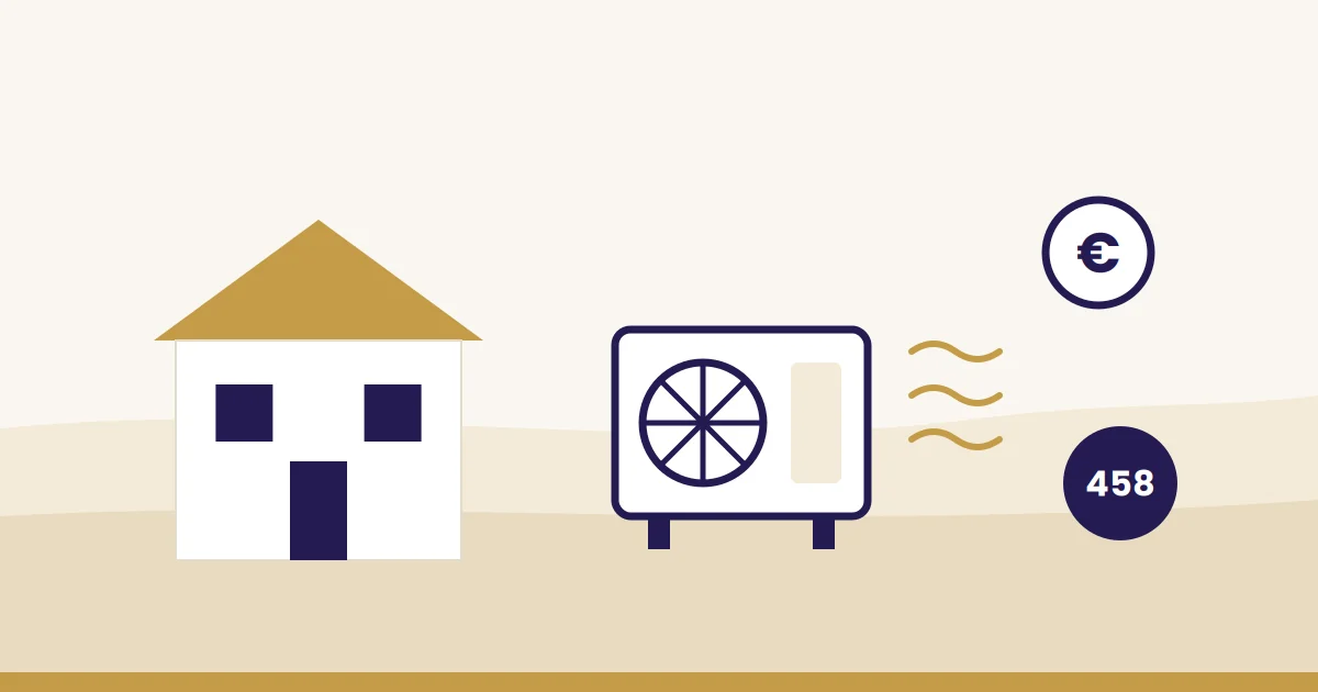KfW 458: Illustration: Wohnhaus mit Wärmepumpe und Zuschuss-Münze