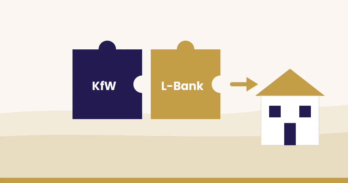 KfW und L-Bank kombinieren: Illustration: zwei Puzzleteile KfW und L-Bank ergeben zusammen ein Eigenheim