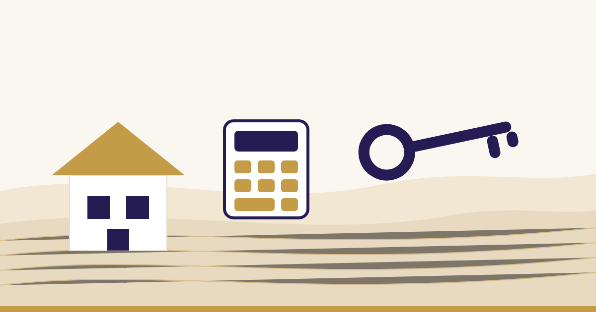 Illustration: Haus, Taschenrechner und Schlüssel als Sinnbild für die Baufinanzierung Illustration: Haus, Taschenrechner und Schlüssel als Sinnbild für die Baufinanzierung