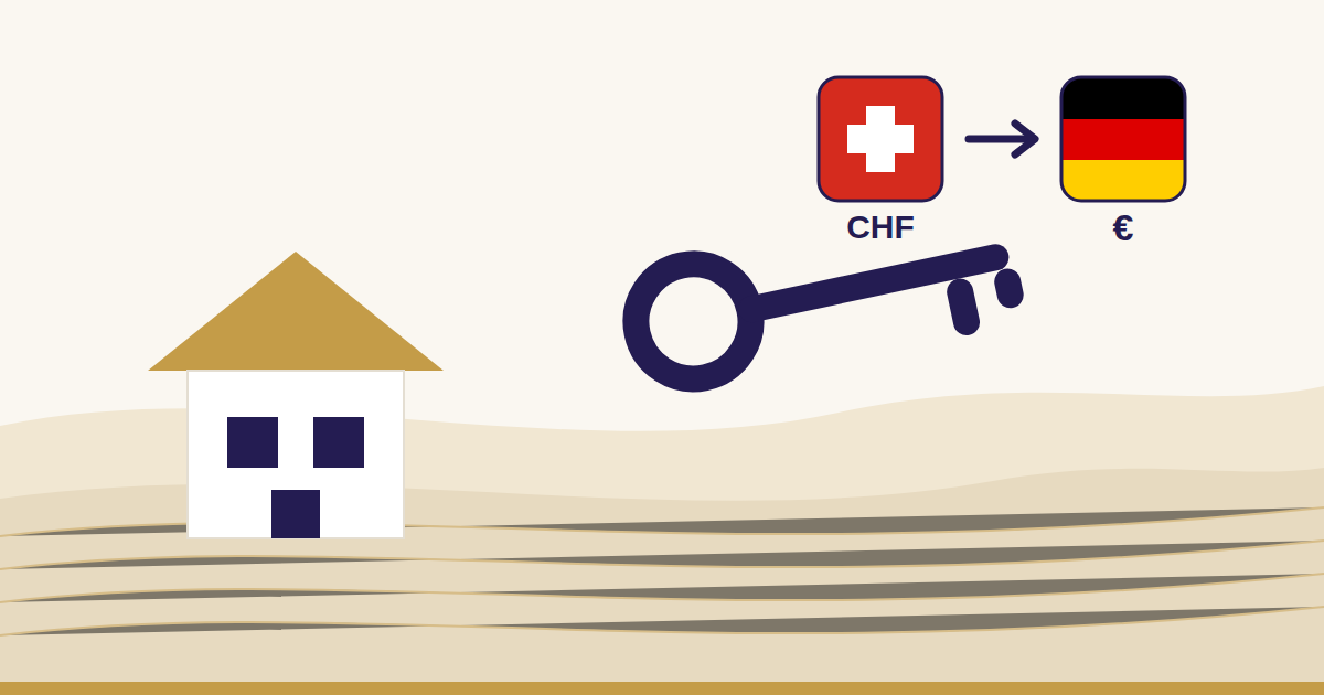Illustration: Haus und Schlüssel, dazu Schweizer und deutsche Flagge mit den Währungen Franken und Euro Illustration: Haus und Schlüssel, dazu Schweizer und deutsche Flagge mit den Währungen Franken und Euro