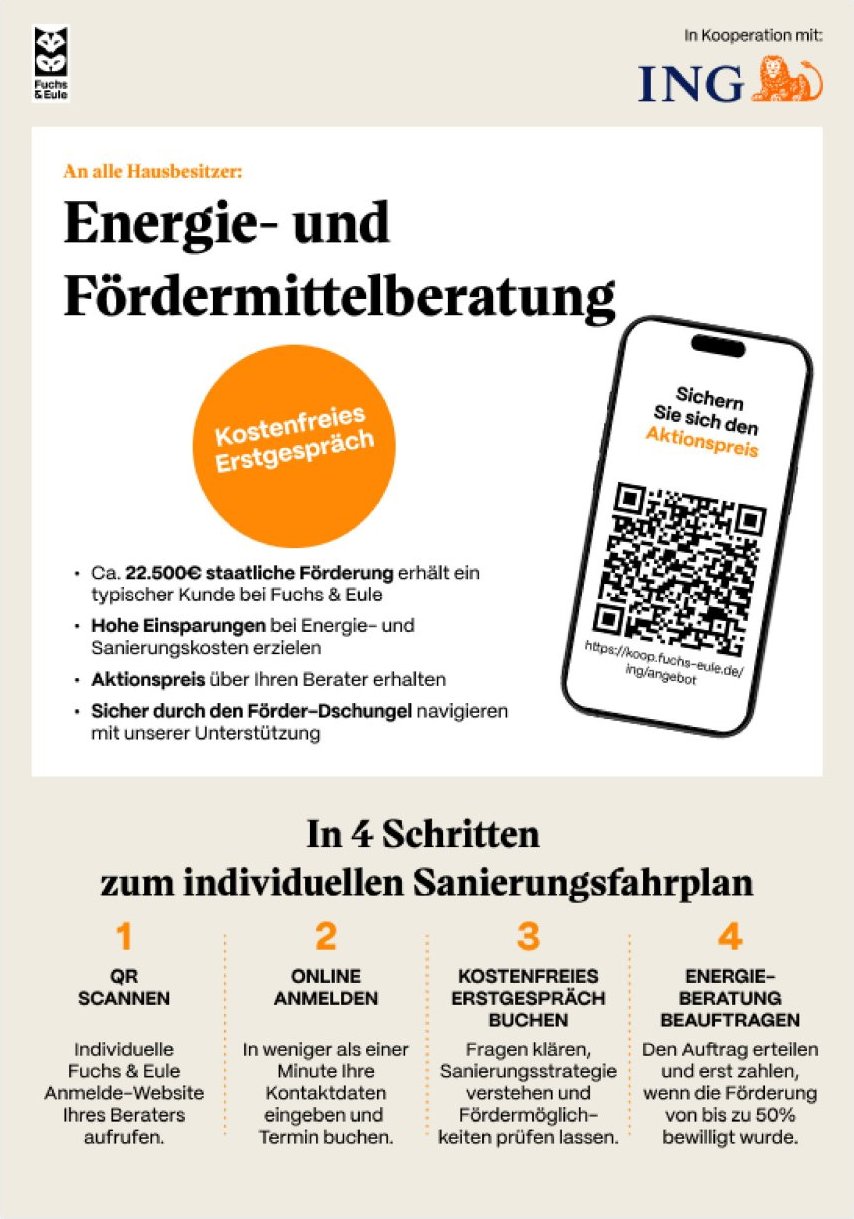 Flyer Fuchs & Eule – Energie- und Fördermittelberatung, kostenfreies Erstgespräch