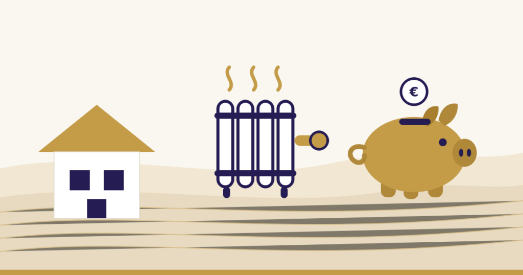 Haus, Heizkörper und Sparschwein mit Euro-Münze als Symbol für Rücklagen zur Modernisierung