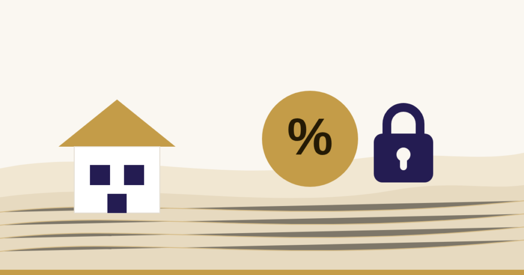 Illustration: Haus, Prozentzeichen und Vorhängeschloss als Sinnbild für den gesicherten Zinssatz.