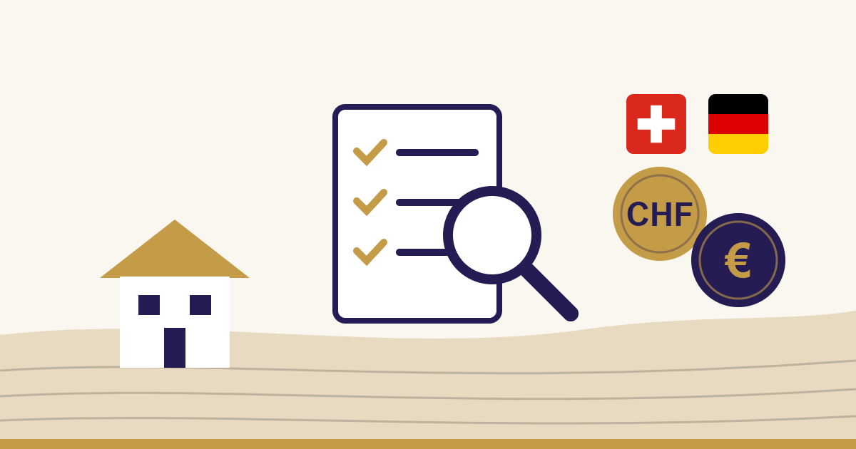 Illustration: Haus, Checkliste mit Lupe, Schweizer und deutsche Flagge sowie Münzen in Franken und Euro als Symbol für die Prüfung einer Grenzgänger-Baufinanzierung