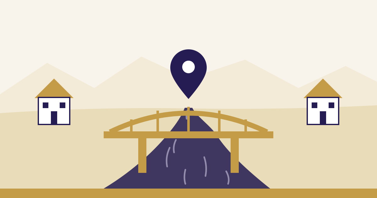 Baufinanzierung in Lörrach: Illustration: Brücke über den Hochrhein mit Wohnhäusern auf beiden Ufern und einer Standortnadel