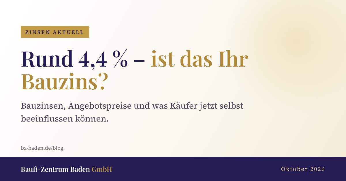 Titelgrafik der Baufi-Zentrum Baden GmbH: Rund 4,4 Prozent – ist das Ihr Bauzins? Zinsen aktuell, Oktober 2026.
