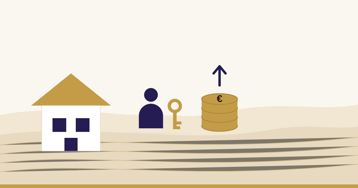 Illustration: Haus, Person mit Schlüssel und steigender Münzstapel als Sinnbild für die Eigenheimrente für Einzelpersonen ab 2027