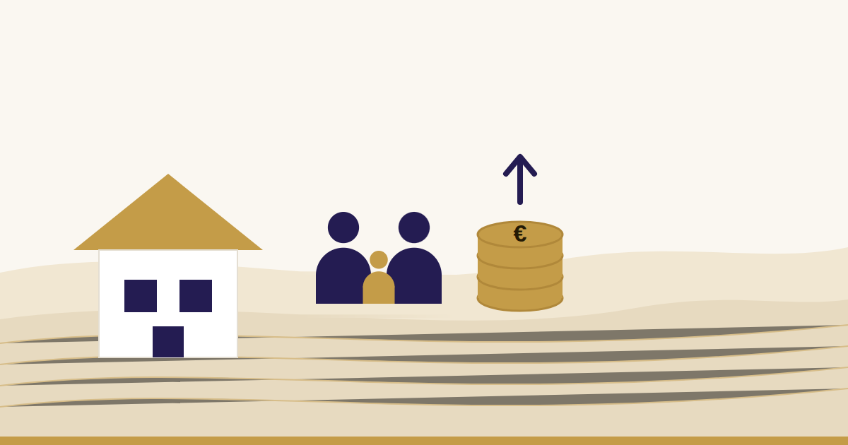 Illustration: Haus, Familie mit Kind und steigender Münzstapel als Sinnbild für die Eigenheimrente für Familien ab 2027