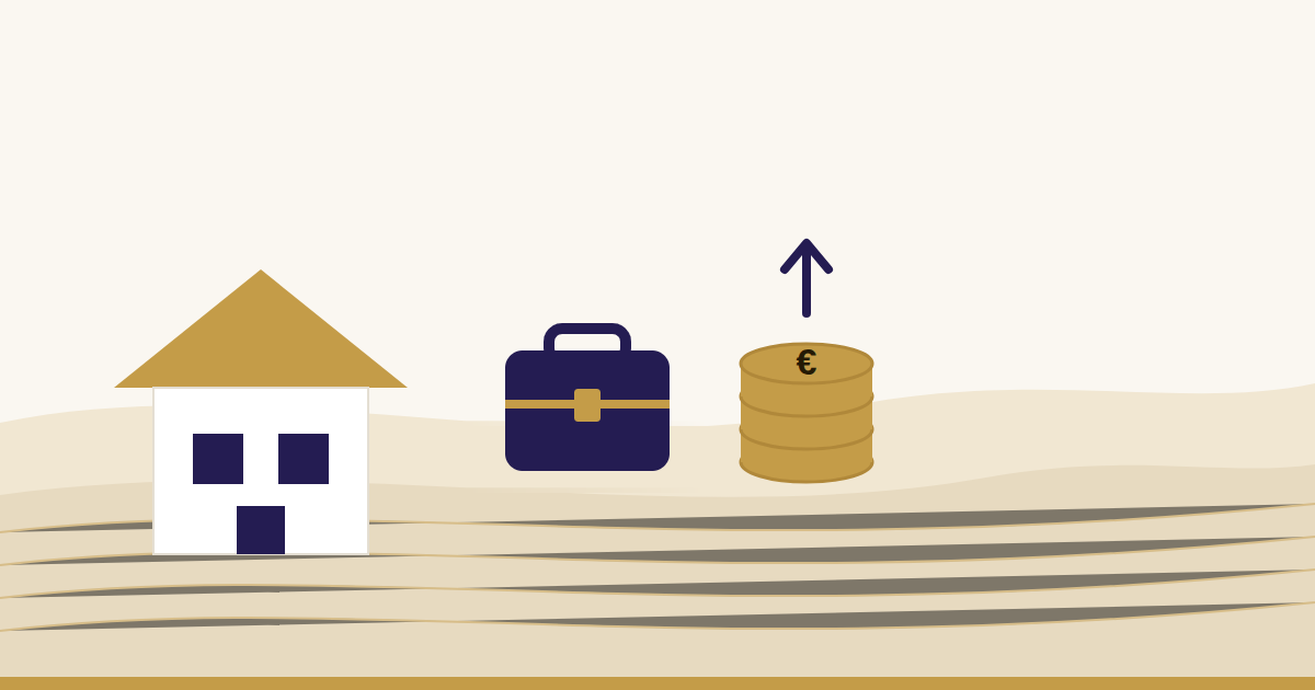 Illustration: Haus, Aktentasche und steigender Münzstapel als Sinnbild für die Eigenheimrente für Selbstständige ab 2027