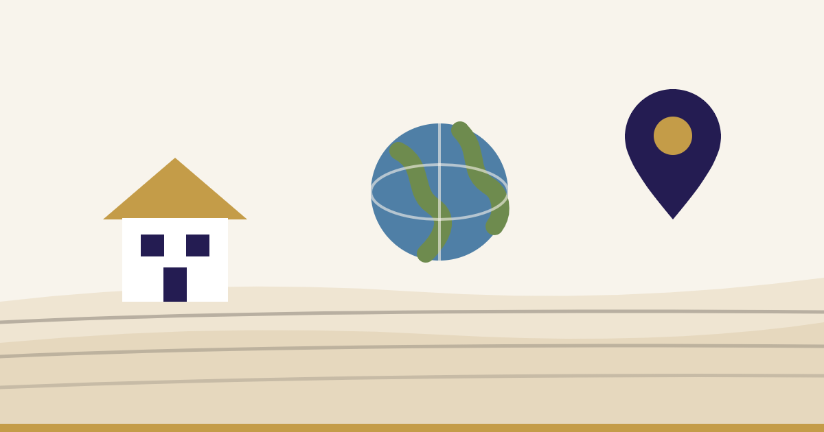 Haus, Globus und Standortmarke als Symbol für die Finanzierung von Auslandsimmobilien