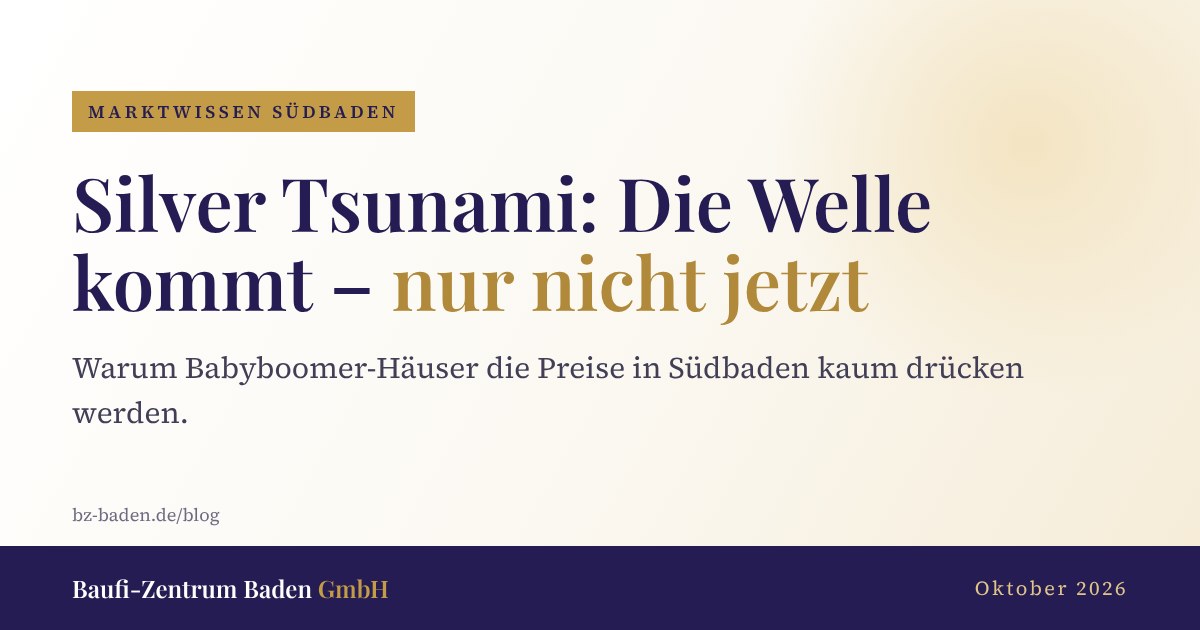 Titelgrafik der Baufi-Zentrum Baden GmbH: Silver Tsunami – Die Welle kommt, nur nicht jetzt. Marktwissen Südbaden, Oktober 2026.